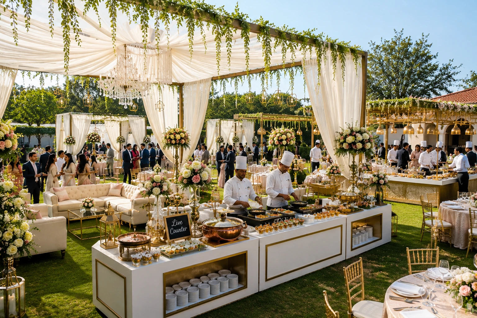 Luxury outdoor catering setup with live food counters and elegant floral decorations during a daytime event