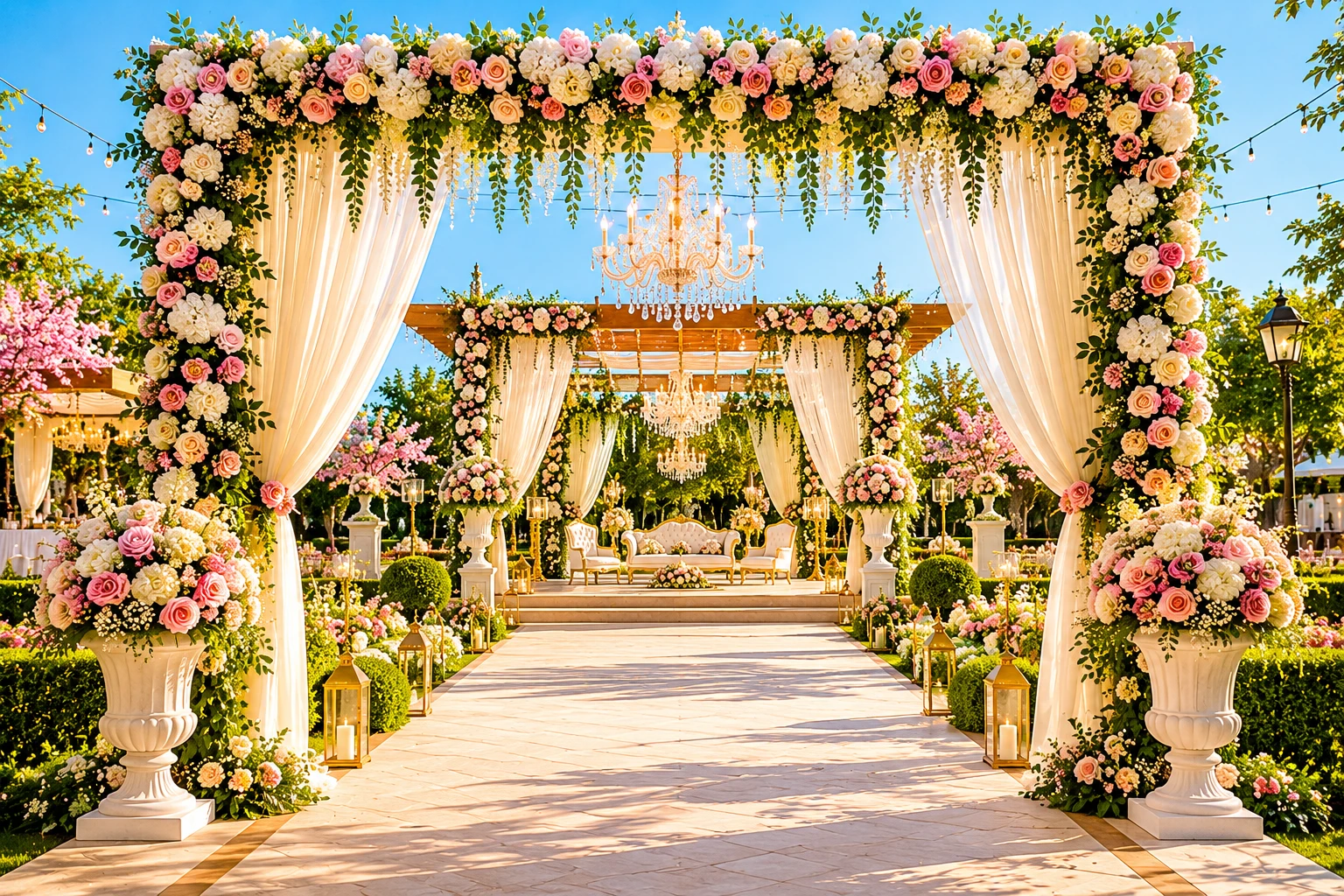 Grand floral entrance walkway with luxury wedding décor and elegant chandeliers