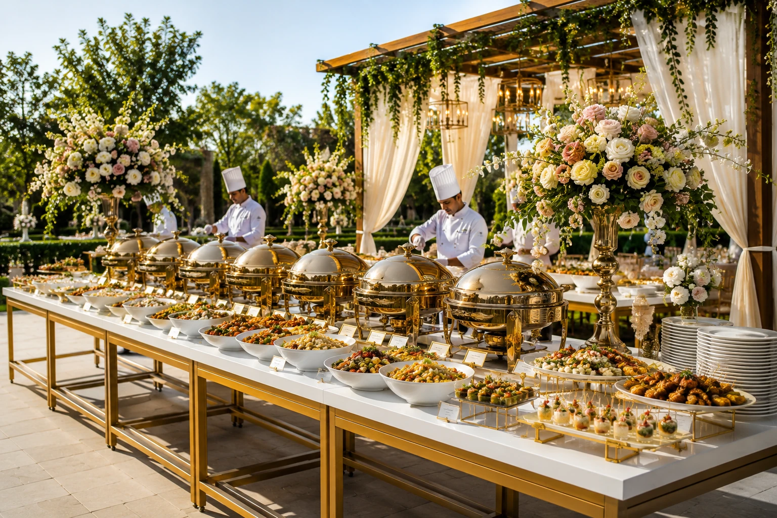 Luxury buffet arrangement with gourmet cuisine, floral centerpieces and professional catering service