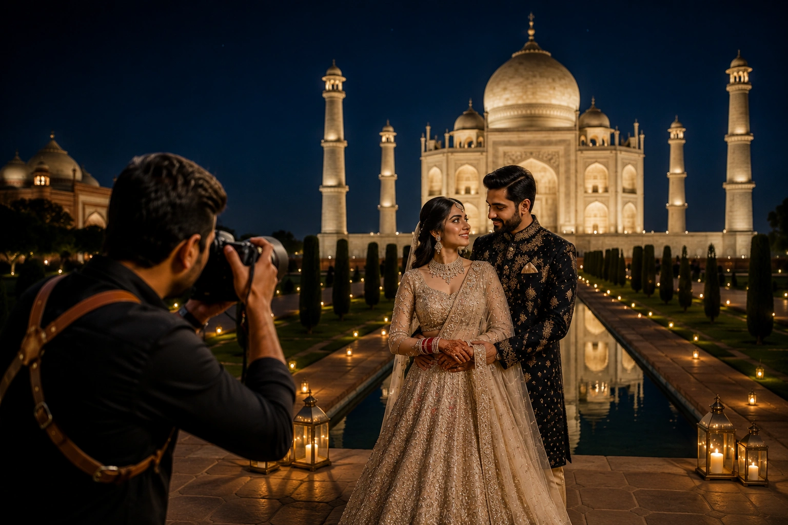 Professional wedding photoshoot with couple posing in front of the Taj Mahal at night