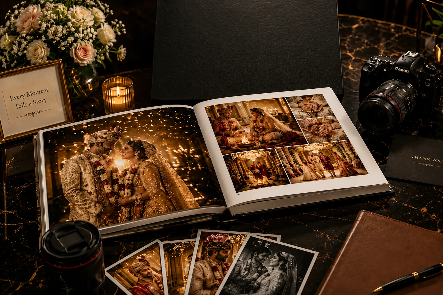 Premium wedding photo album showcasing beautifully captured ceremony moments