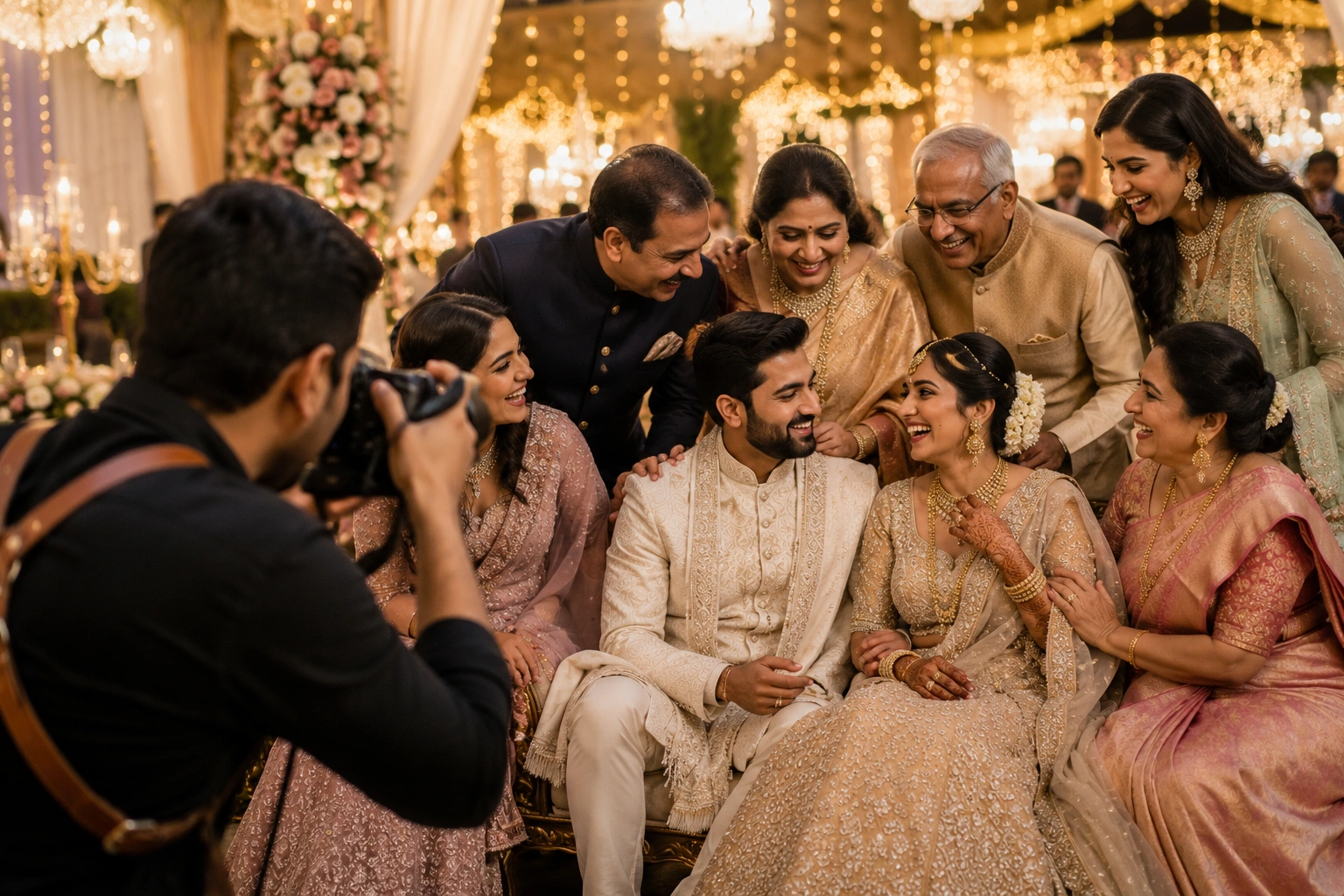 Wedding photographer capturing joyful family portrait during a celebration