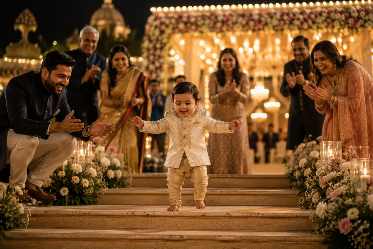 Baby first steps celebration captured during an evening family event