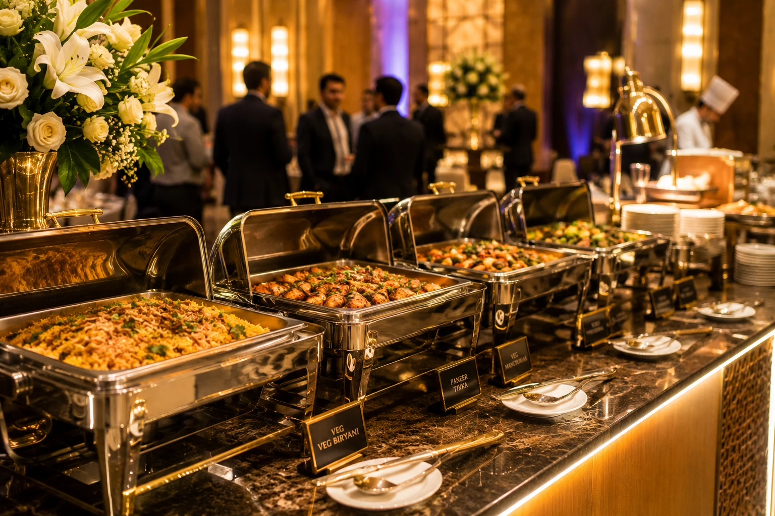 Premium corporate catering buffet setup for business events and conferences