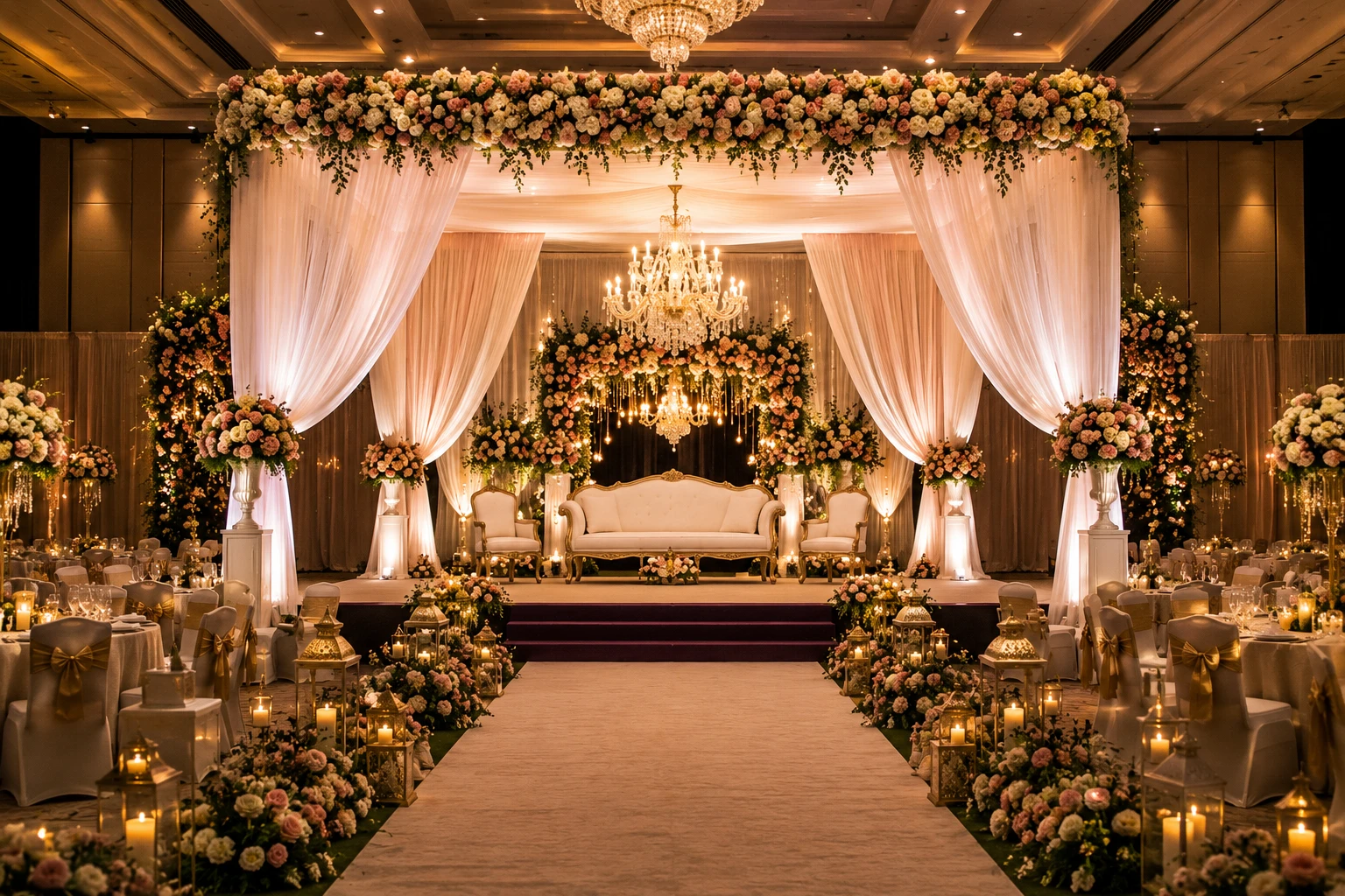 Luxury wedding stage decoration and private event setup by Tholakari Groups