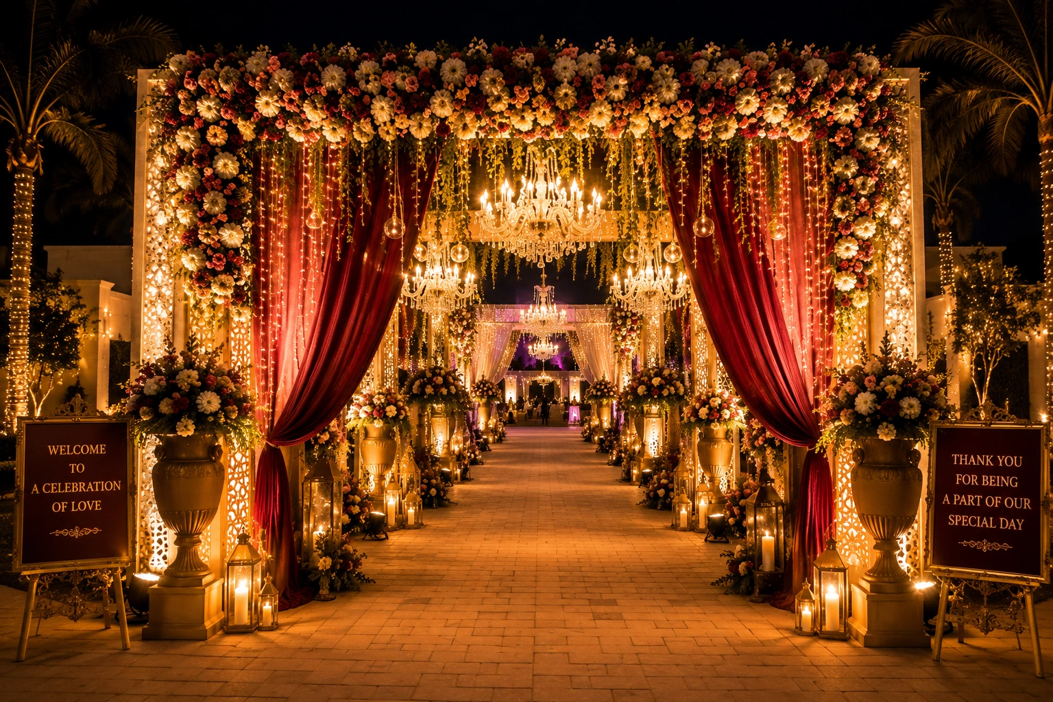 Grand wedding entrance arch with premium floral decorations