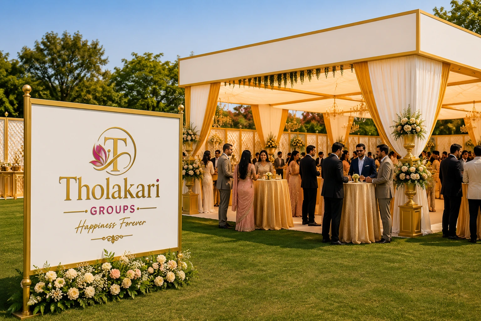 Daytime wedding celebration venue with guests and luxury canopy décor